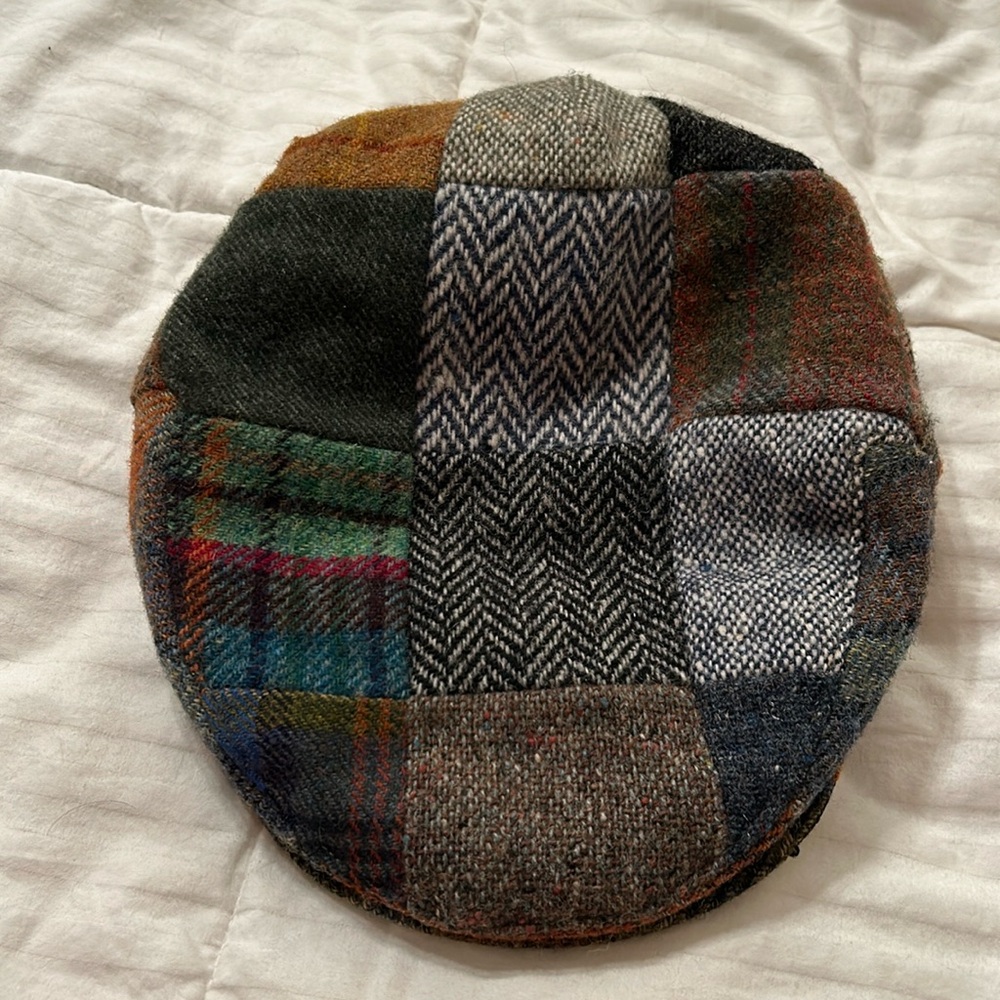 John Hanley Cap Patchwork Wool Tweed Newsboy Driving Hat Ireland Sz L/XL Vintage